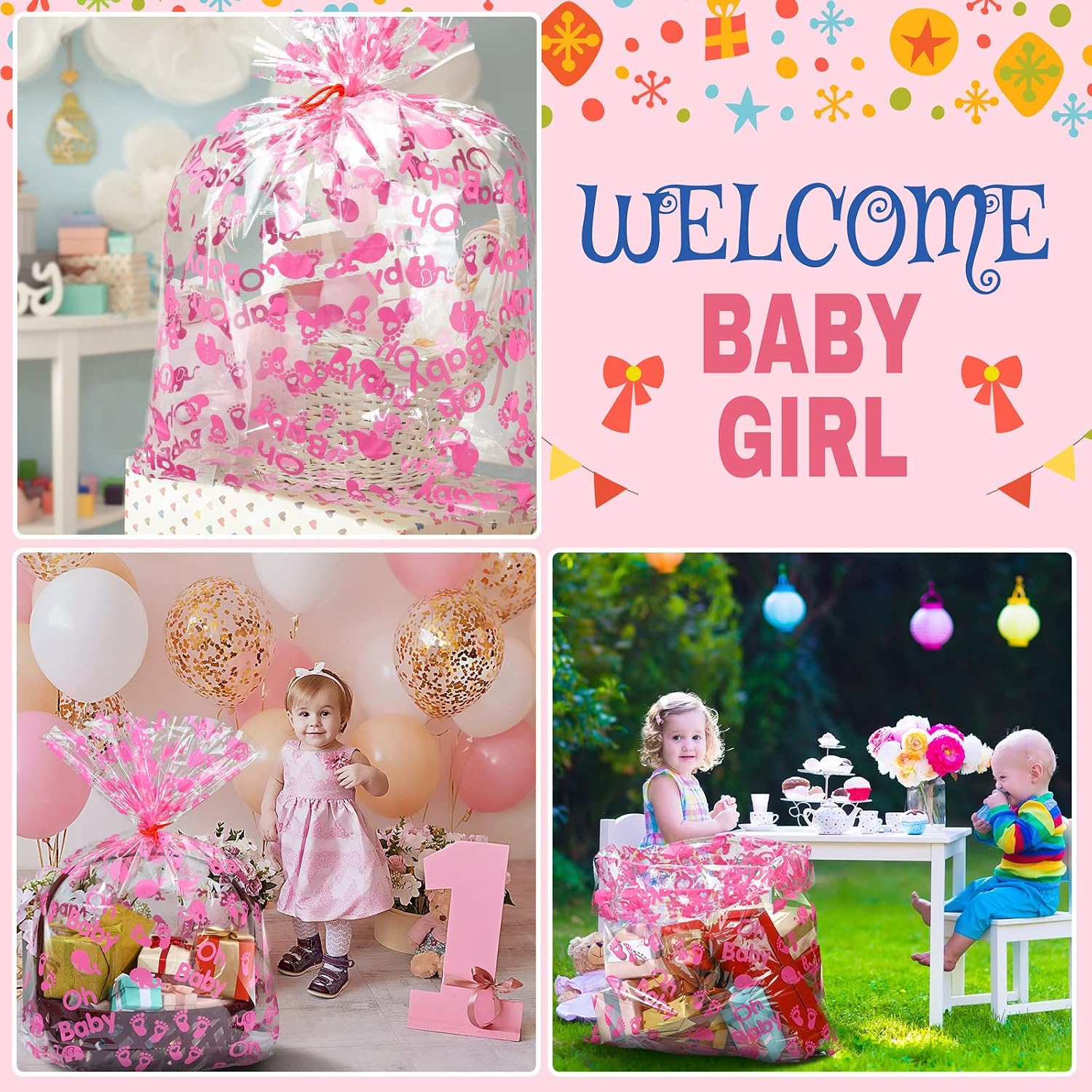 Outus 12 Pcs Extra Large Baby Shower Basket Bags with 10 Bows Ribbon 28 x 40 Inch Large Cellophane Baskets Empty Bags Jumbo Cellophane Wrap for Gift, Presents, Baby Shower(Pink) image 5