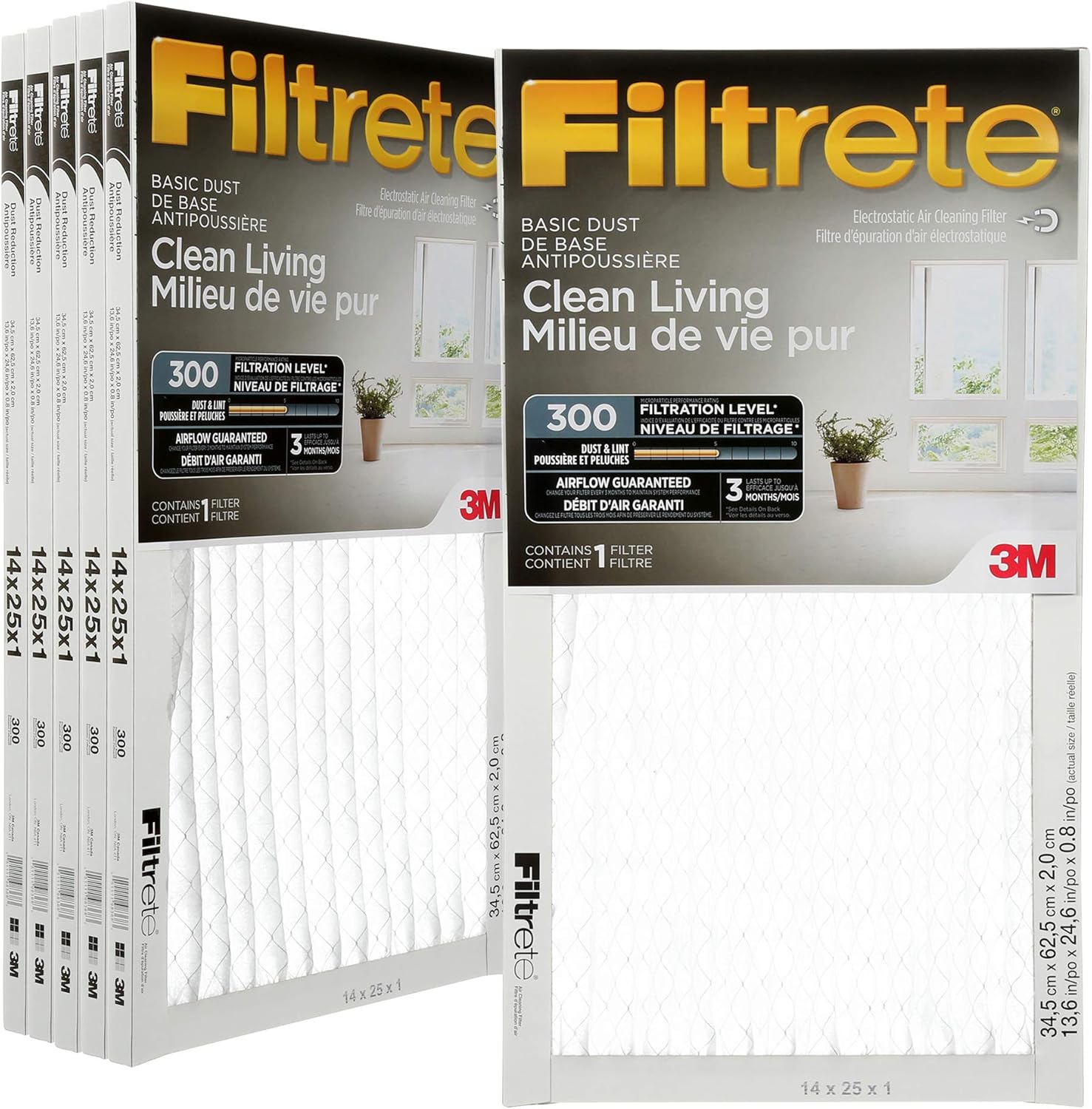 Filtrete 14x25x1 Furnace Filter, MPR 300, MERV 5, Clean Living Basic