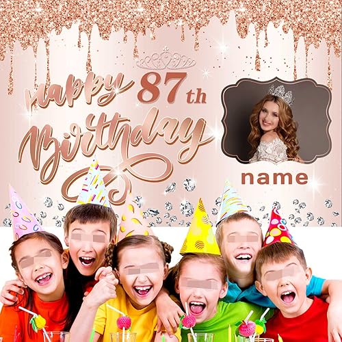 Miniatura 5 de Cartel personalizable de decoración de feliz cumpleaños número 87 de oro rosa, personalizado con nombre y foto