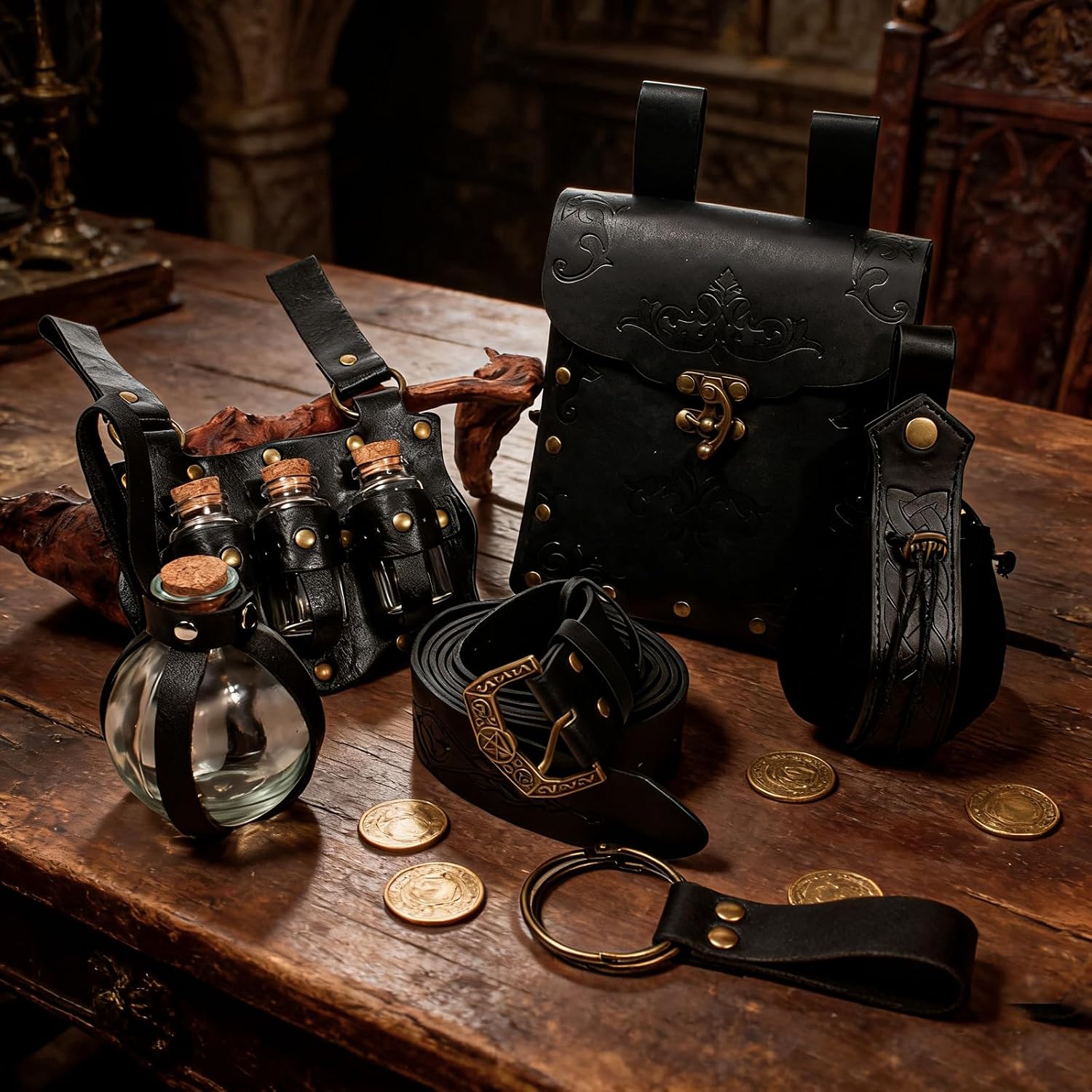 Renaissance Belt Pouch Coin Purse Witch Alchemist Potion Bottle Vilas Hook Set Medieval Pirate Festival Costume Accessories (Pattern-Black) image 5