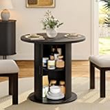ONBRILL 31.5 Inch Round Dining Table for 2, Fluted Kitchen Table with 2-Tier Storage Shelf, Small Dinner Tables with Sliding Door and Wood Strip Base for Kitchen, Living Room (Black)