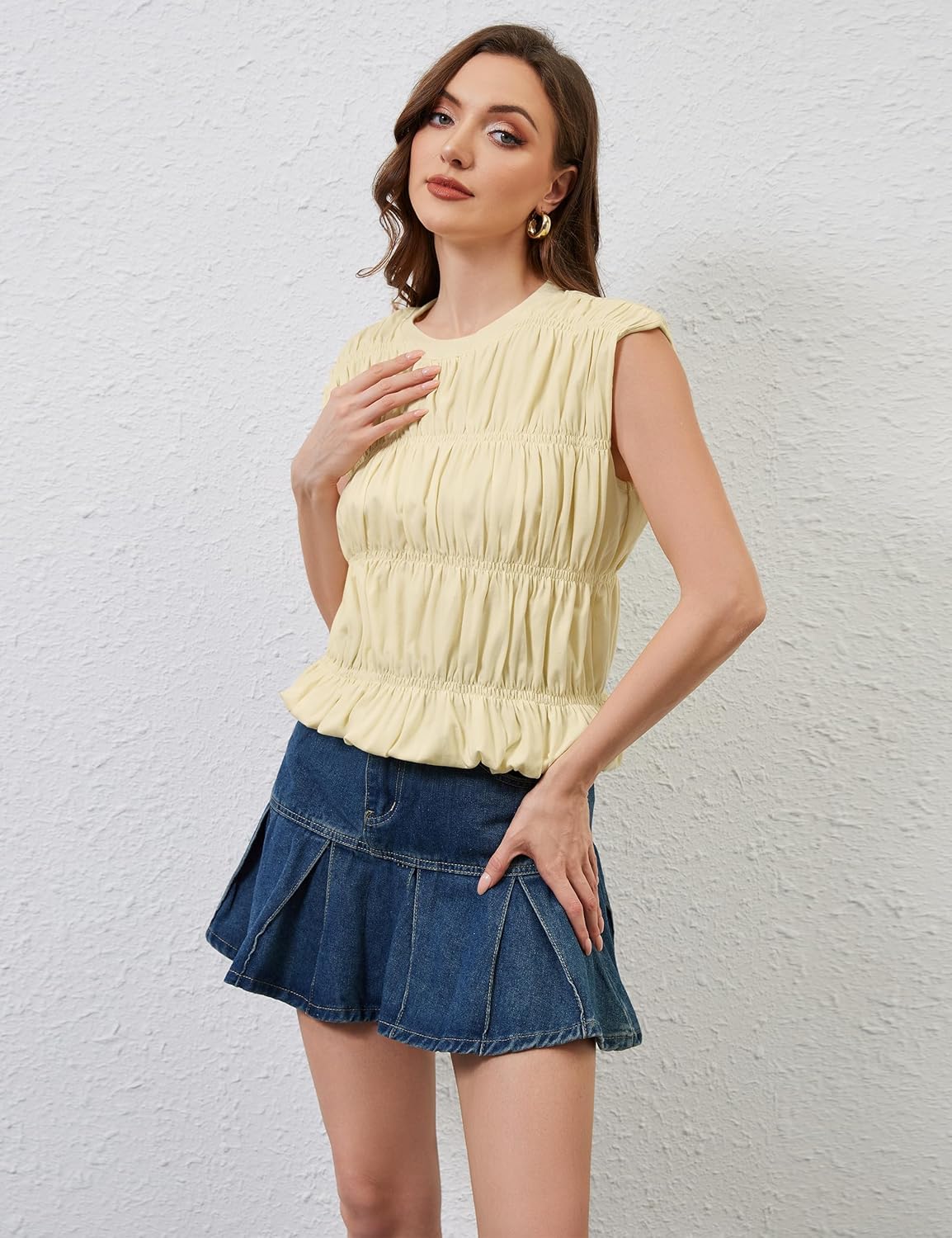 OLAPTA Women Shirred Tiered Tank Tops Crewneck Cap Sleeve Bubble Cute Babydoll Tee Shirts Summer Casual Pleated Blouse Top - Image 4