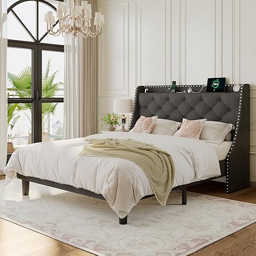 Miniatura 27 de Base de cama tamaño Queen con cabecero de almacenamiento capitoné con botones en la parte trasera y puertos tipo CA, plataforma tapizada, soporte de
