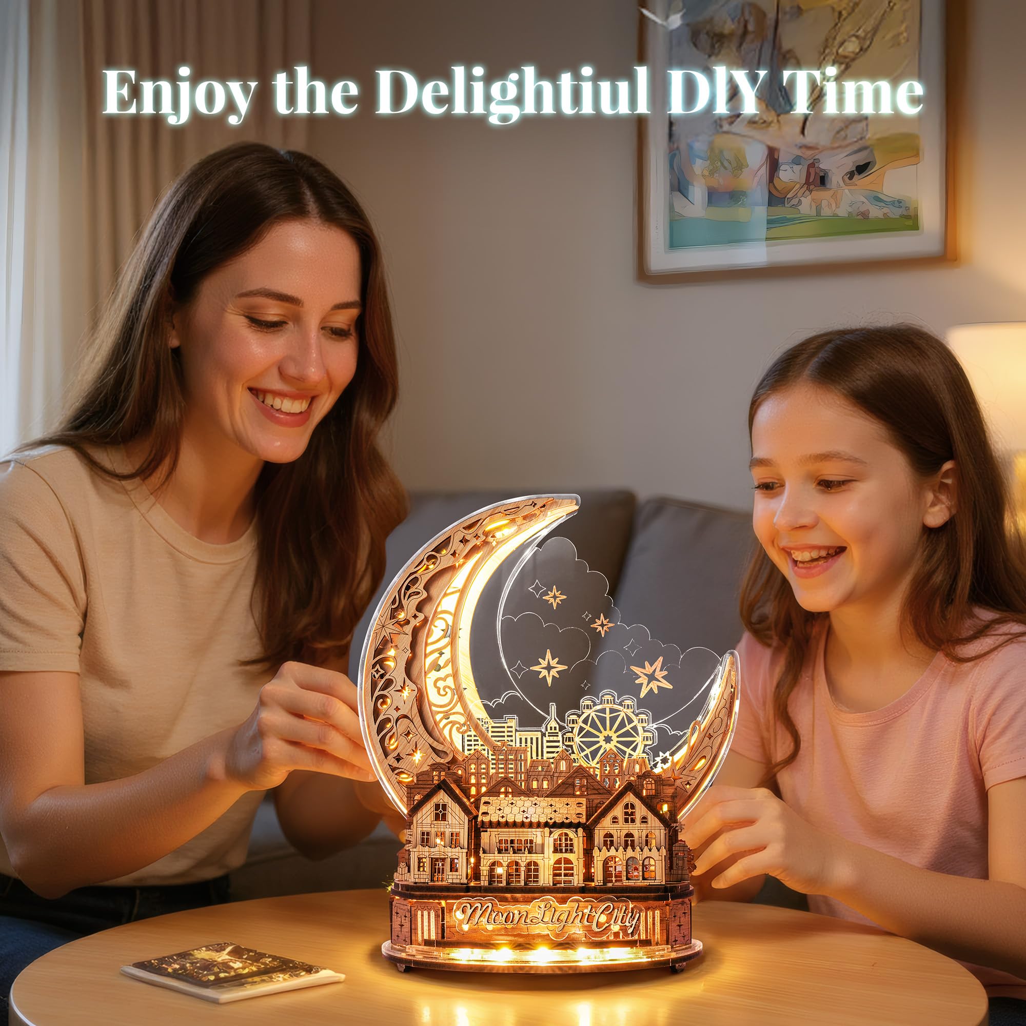 FUNPOLA 3D Puzzel Maanstad Model - LED 3D Houten Puzzel - 3D Houten Puzzels voor Volwassenen, Huisdecoratie en Cadeaus voor Kinderen en Volwassenen (Wit
