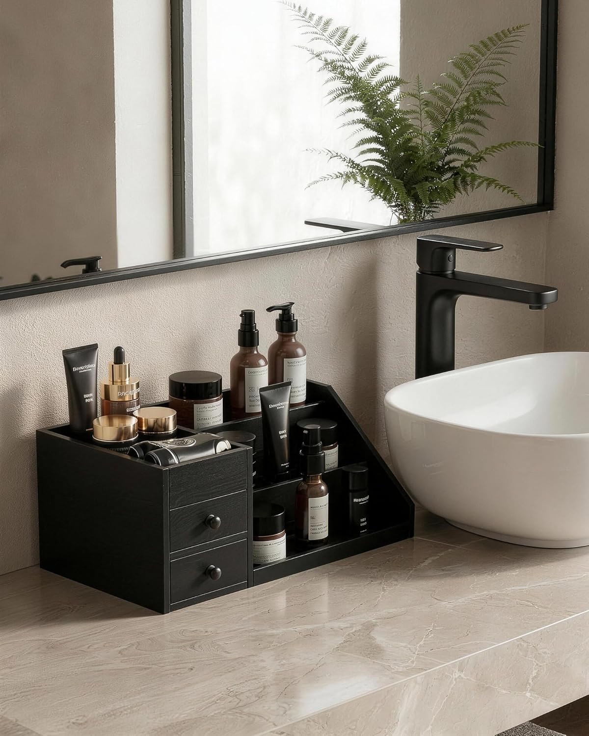 ProCase Wooden Cologne Organizer for Men, 3-Tier Elevated Wood Perfume Storage Display Shelf with Drawers, Dresser Storage Stand Riser for Fragrance Skin Care, Gift for Boys Men Dad Husband -Black