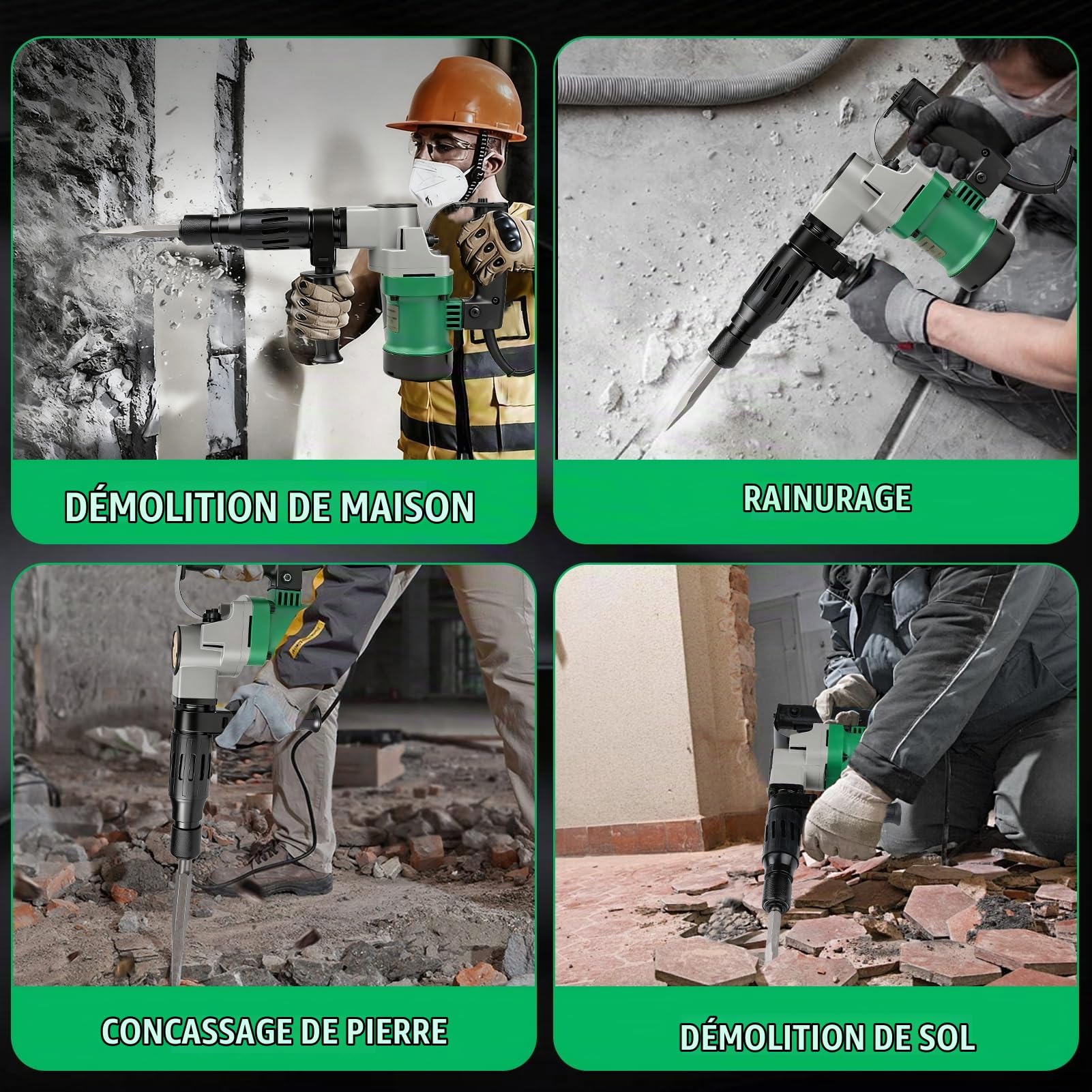 Marteau de démolition 1400 W, Marteau Piqueur, Marteau perforateur, SDS-Plus | Force d'impact 30 J | 3600 BPM | Poignée Anti-vibration, Burin Pointu, Plat Coffret Inclus pour Buriner Béton, L'ardoise