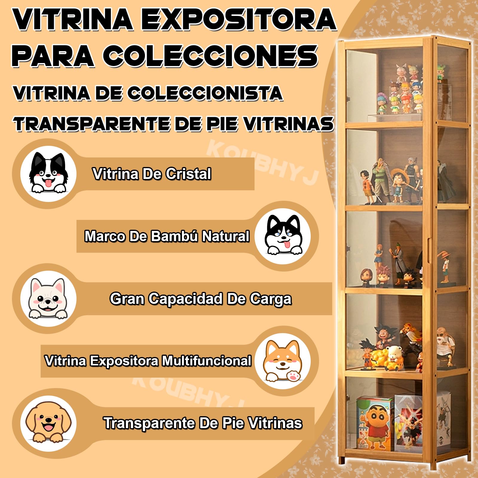 Vitrina Expositora, Multifuncional de Vidrio a Prueba de Polvo, Diseño de Puerta de Gabinete con Solapa, Vitrina Cristal para Dormitorios, Salas de Estar, 42x33x130cm Color de la Madera