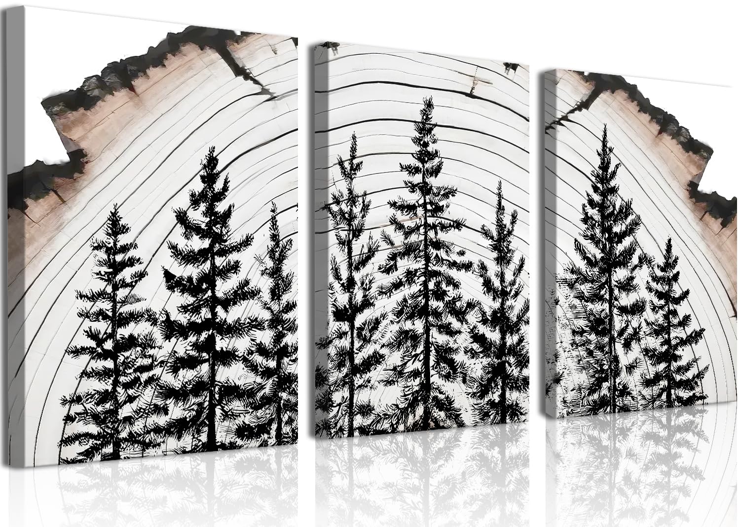 Tree Ring Pine Tree Wall Art Set of 3, Black and White Wood Slice Forest Canvas Prints, Framed Modern Rustic Boho Wall Decor for Living Room Bedroom