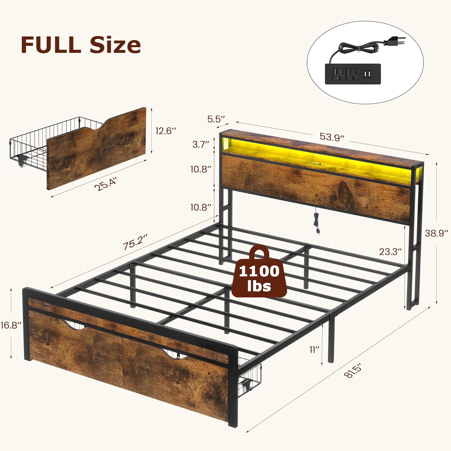 FAVOOSTY Full Size Bed Frame with 2-Tier Headboard, Metal Platform Bed Frame with 2 Storage Drawers, LED Lights and Charging Station, Noise Free, No Box Spring Needed, Easy Assembly, Black Brown - Image 2