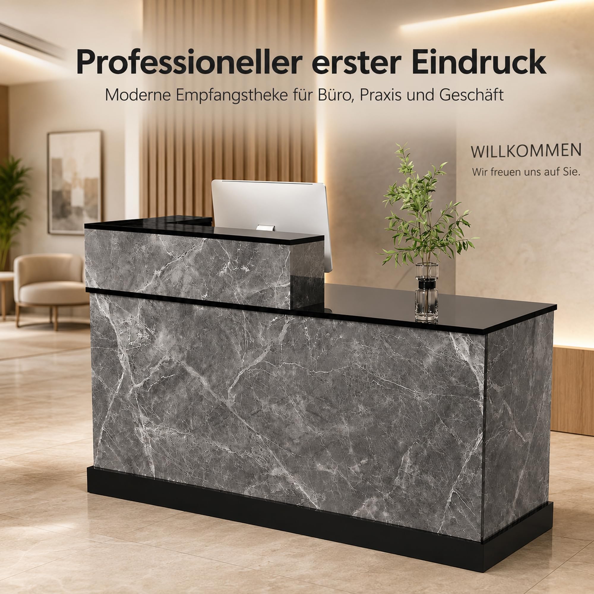 JSLJDM Empfangstheke 160 cm mit Stauraum, Moderne Theke in Marmoroptik, Empfangstresen für Büro, Praxis, Salon und Geschäft Left