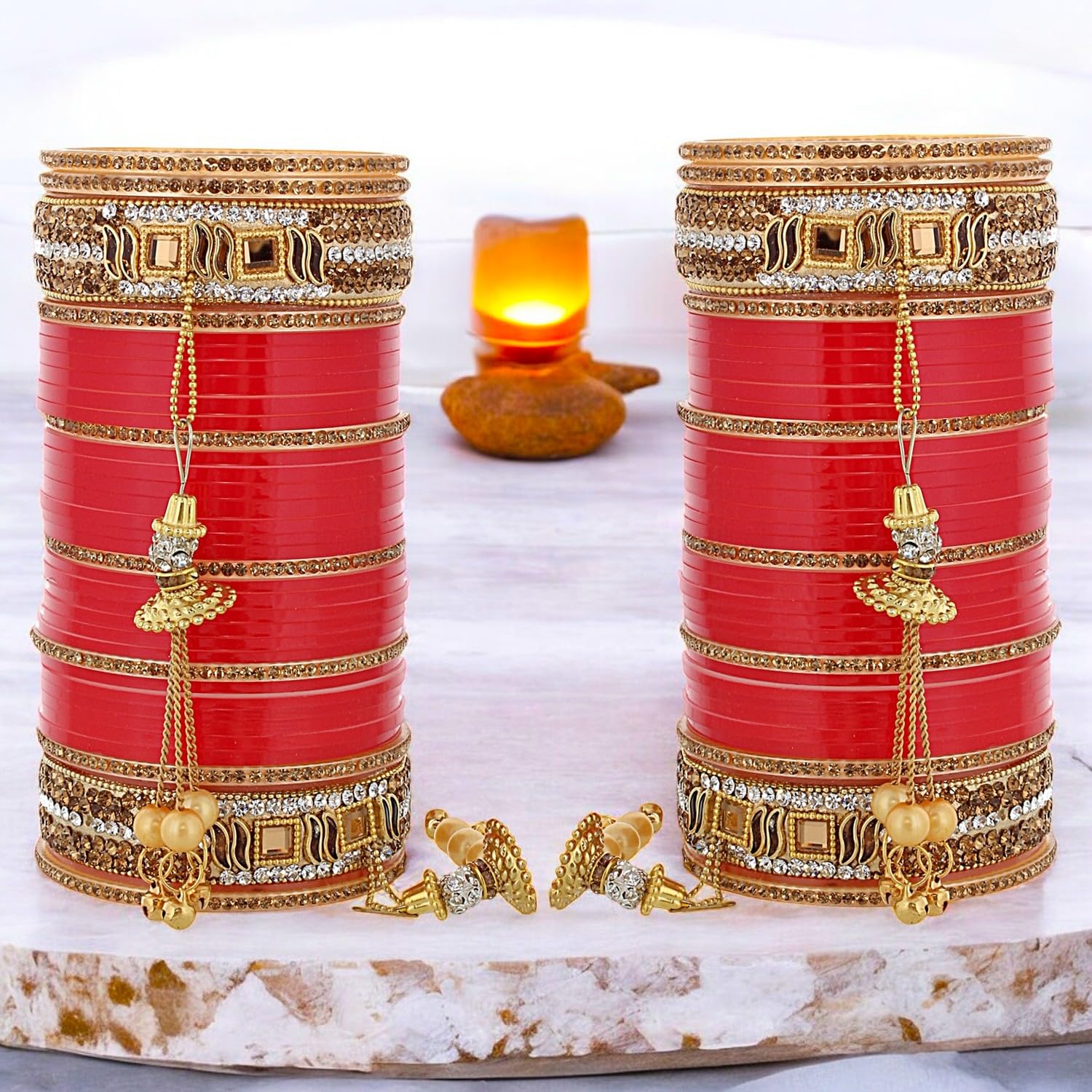 Lucky Jewellery Bridal Bangle Set Dhanteras/Diwali/Bhai Dooj Collection Wedding Punjabi chuda Designer chura CZ Stone Red Color choora Set for Women (792-M1C1-745-R24) 2