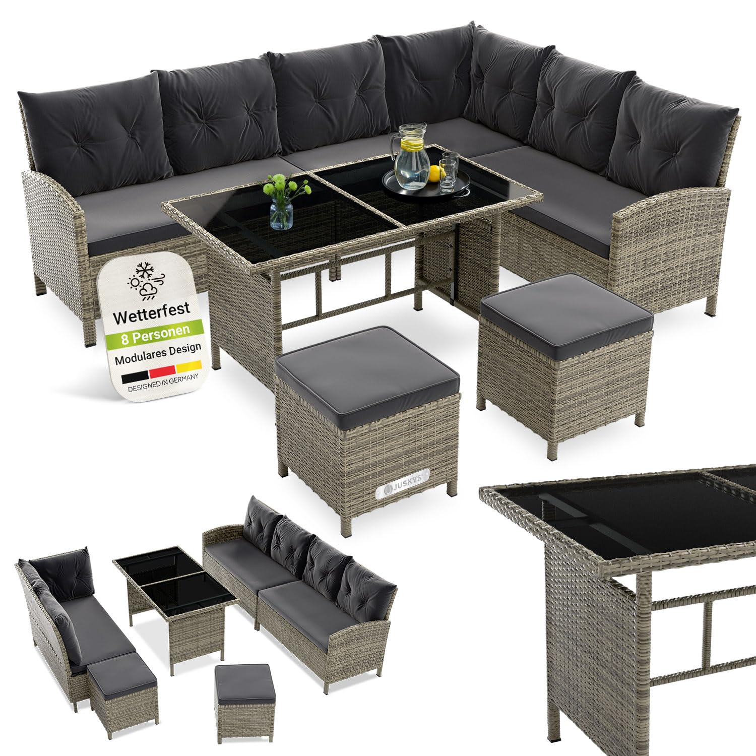 Juskys Polyrattan Lounge Manacor – Ecksofa, Esstisch, 2 Hocker & Kissen (Grau-meliert)