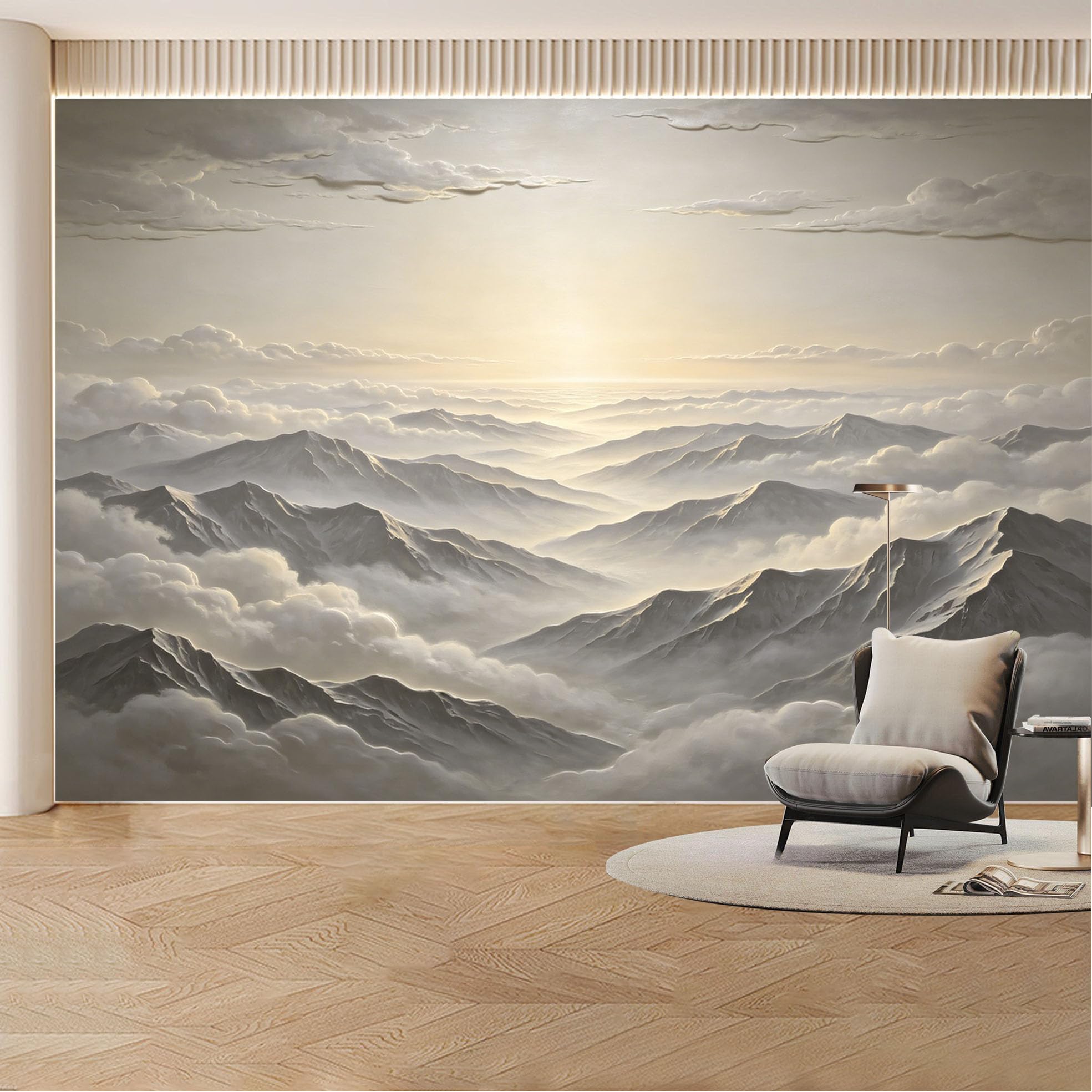 Custom Wall Mural Wallpaper Mountain Landscape， 3D Effect， Large Wall Art， Nature， Minimalist， Misty Sunset for Living Room， Bedroom， Office