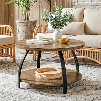 Tribesigns Round Coffee Table Living Room Table Sofa Table with 2-Tier Shelves 80 x 80 x 50 cm Small Table in Circle Design for Living Room Easy Assembly Rustic Brown and Black