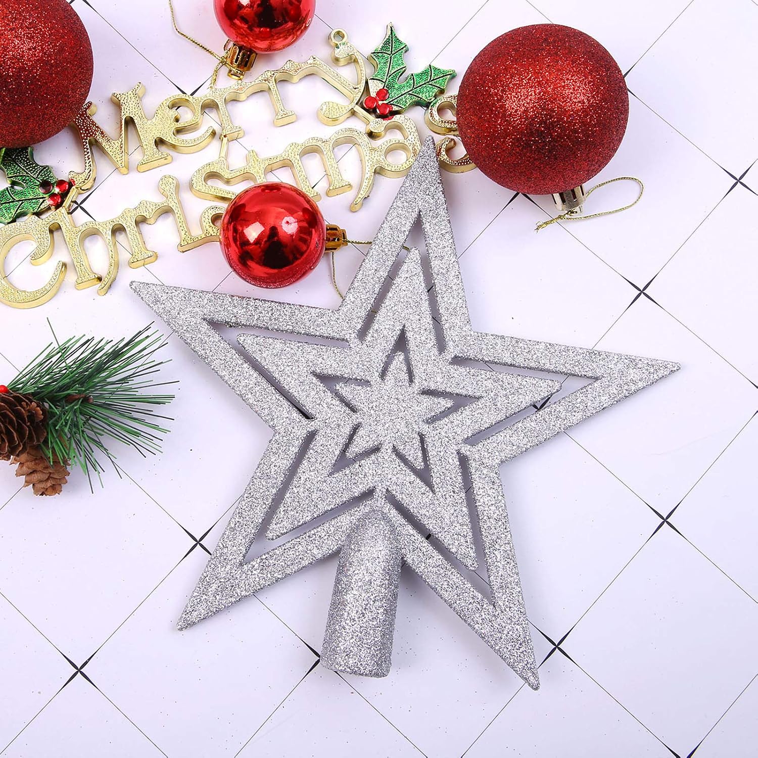 ANECO Glitter Star Christmas Tree Topper Decoration Shatterproof Star Tree Topper for Christmas Tree Decor