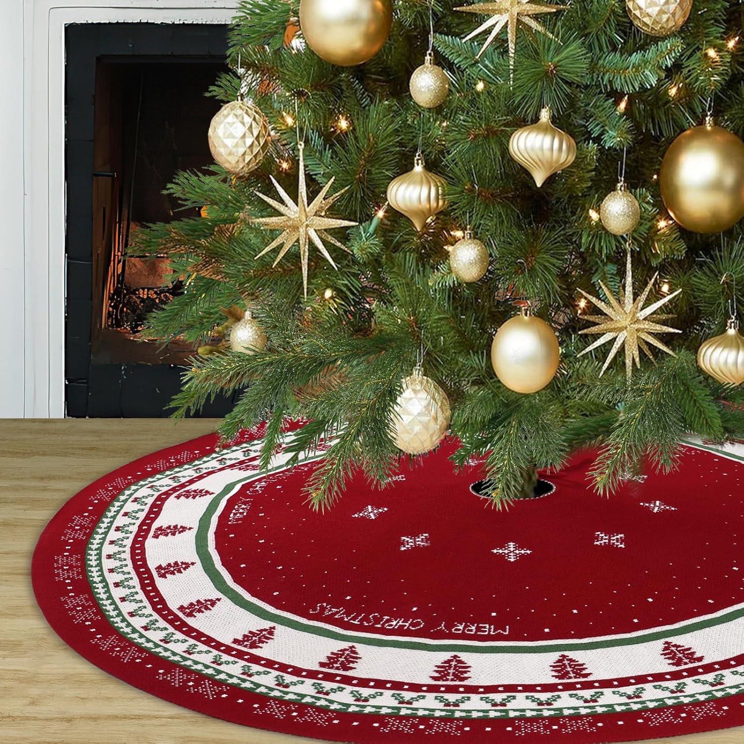 demiuko christmas tree skirt 36inches red knitted tree skirt thick rustic knit xmas tree mat with snowflake vintage tree skirts for xmas new year holiday home farmhouse indoor decor red small