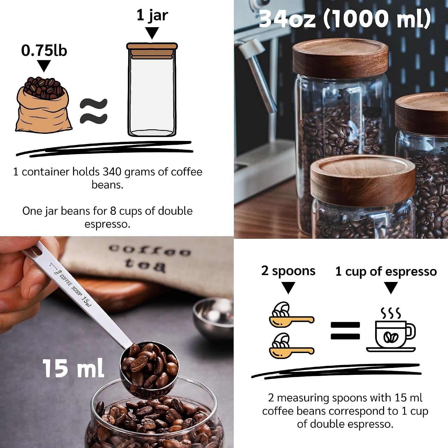 JanYoo 2 Pack Glass Coffee Containers with Lids and Scoop, 34 fl oz(1000ml) Food Storage Jar with Airtight Lids, Kitchen Coffee Container Round Canister Set of 2 for Coffee Beans,Sugar,Tea