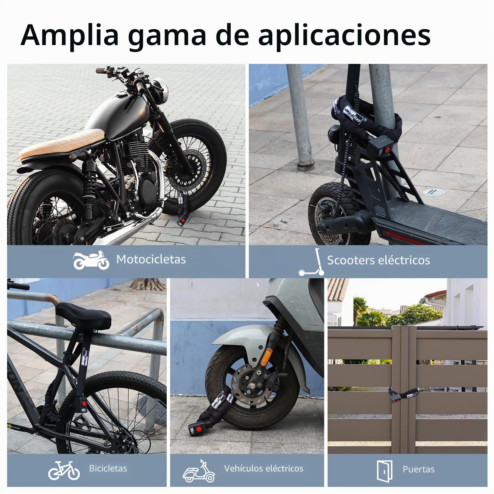 Candado de Bicicleta de 120cm con Alarma de 110dB, Candado de Cadena Antirrobo para Bicicleta Eléctrica, 8mm de Grosor, 2 Mandos a Distancia, 3 Llaves, Cable USB C