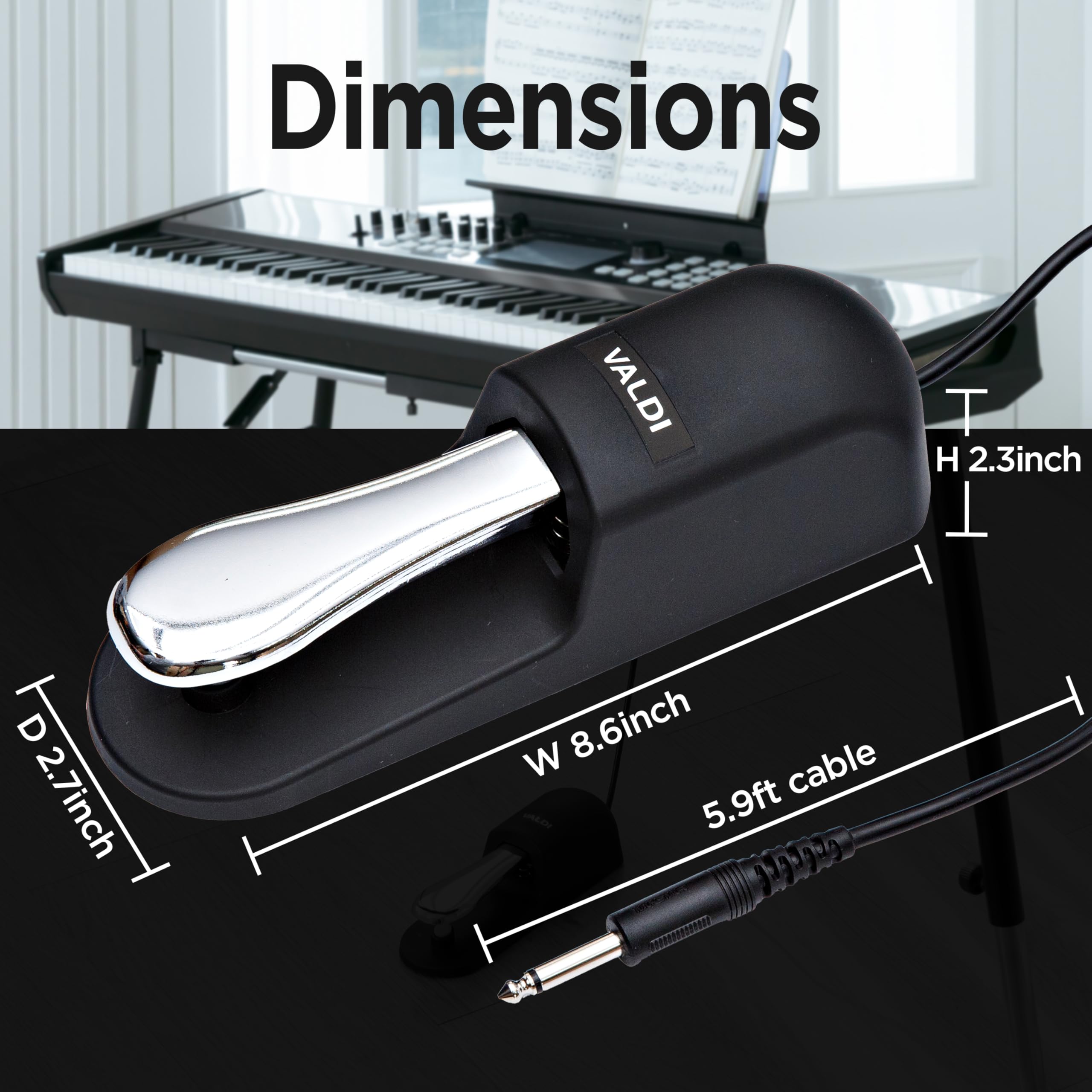 VALDI BP-3 - Pedal de sostenimiento (negro) - Pedal universal para piano de teclado, pianos digitales, teclados MIDI y sintetizadores - Interruptor de conversión para todas las marcas - Jack de 1/4