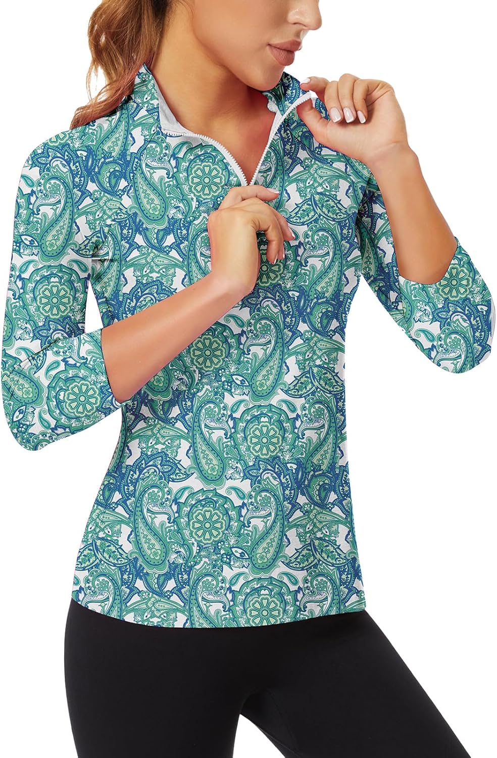 WOWENY Women's 3/4 Sleeve Athletic Golf Shirts Quarter Zip Pullover Collared T-Shirt Workout Print Tennis Top