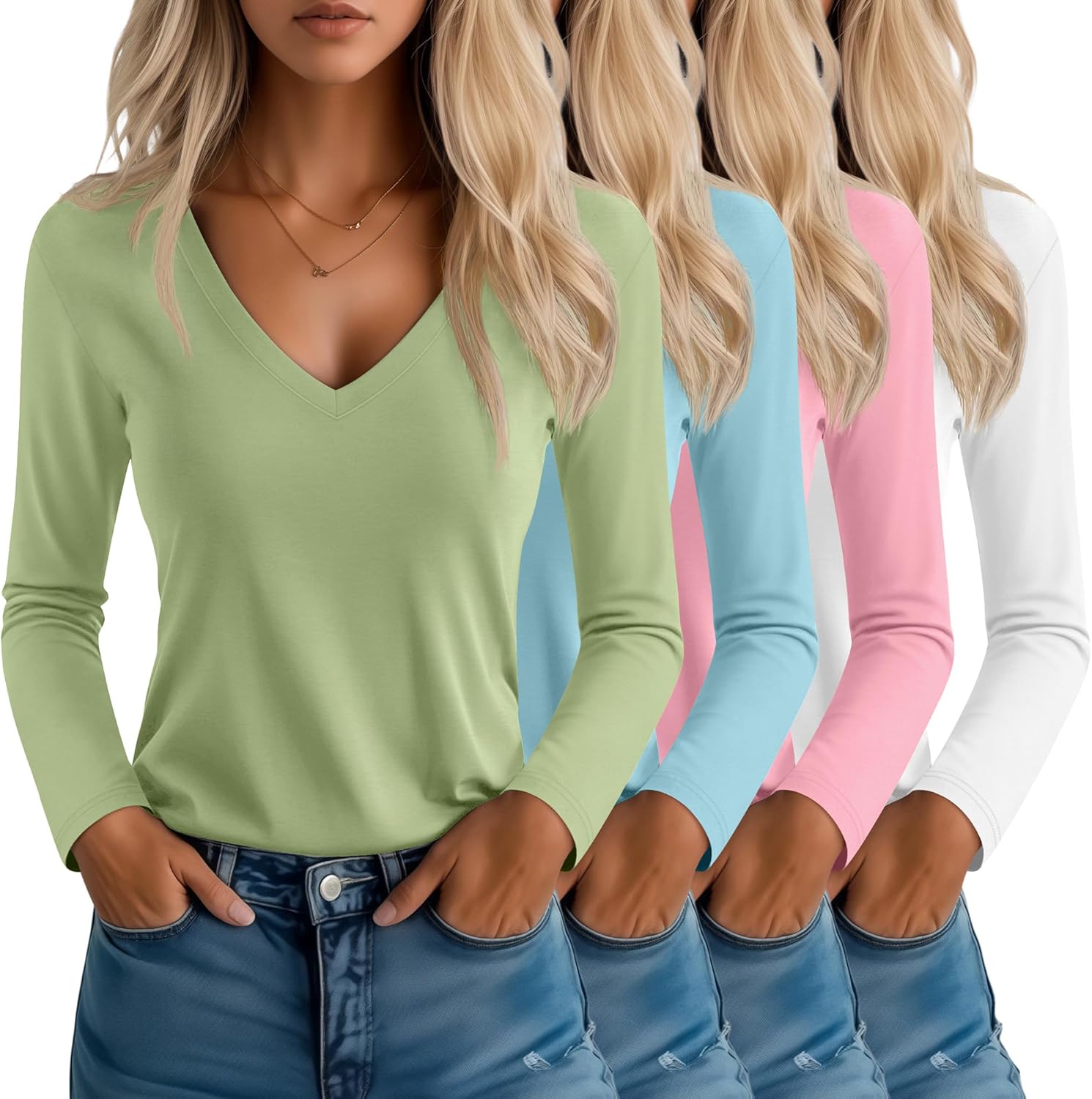 Neer 4 Pack Women's T-Shirts V Neck Long Sleeve Casual Tops Loose Fit Basic Layering Shirts Straight Hem Plain Soft Tees