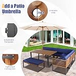 DORTALA Patio Dining Set for 8, Acacia Wood Outdoor Sectional Sofa Set with Table, 6 Sofas, Bench, Cushions for Backyard Poolside Deck, Navy
