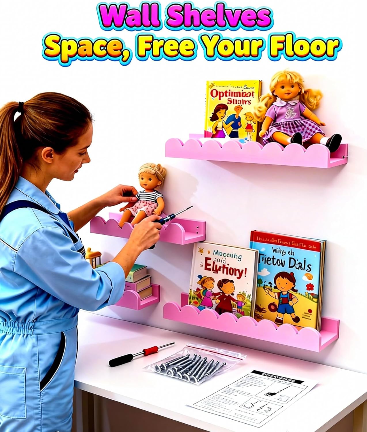 Nursery Book Shelves, 4-Pack Floating Shelves for Wall Kids, Scalloped Shelves, Wall Book Shelves for Bedroom Kids, Toddler Room, Baby Room, Nursery Decor-Pink, 16 Inches