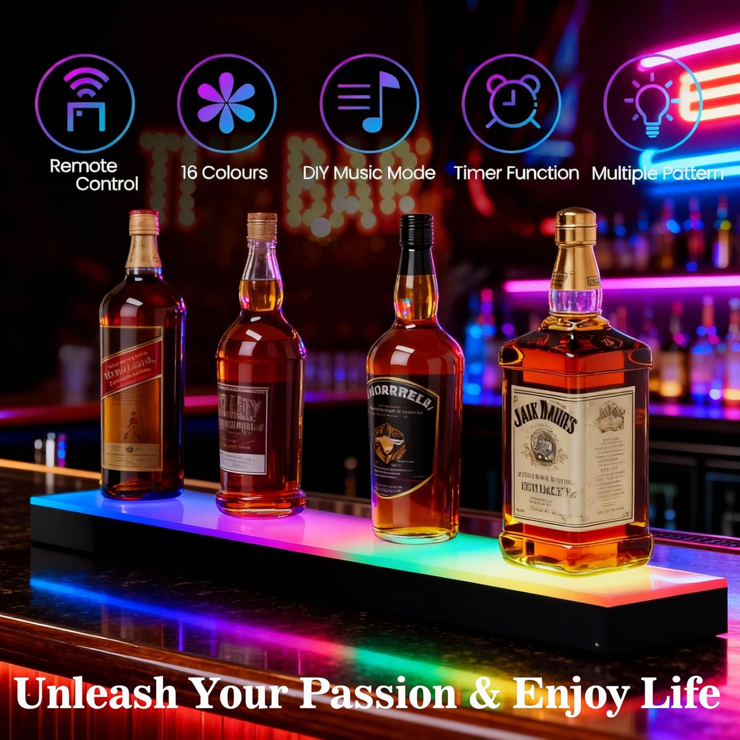 LED Lighted Liquor Bottle Display Shelf - 23.6" Acrylic Whiskey Rack with RF Remote & Music Sync, 1-Tier Illuminated Bar Shelf for Home Bar, Club, Party