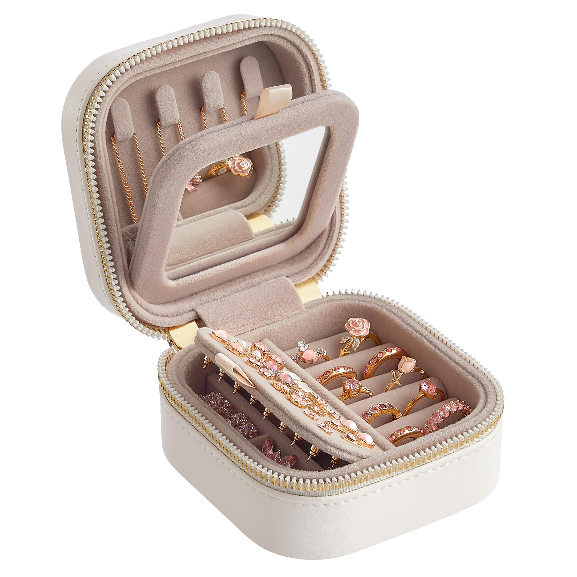 SONGMICS HOME ANAH Collection - Travel Jewellery Box, Small Jewellery Case Organiser with Mirror, 10.5 x 10.5 x 6 cm, PU Surface with Stitching, Portable, Zippers, Gift Idea, Cloud White JBC179W01