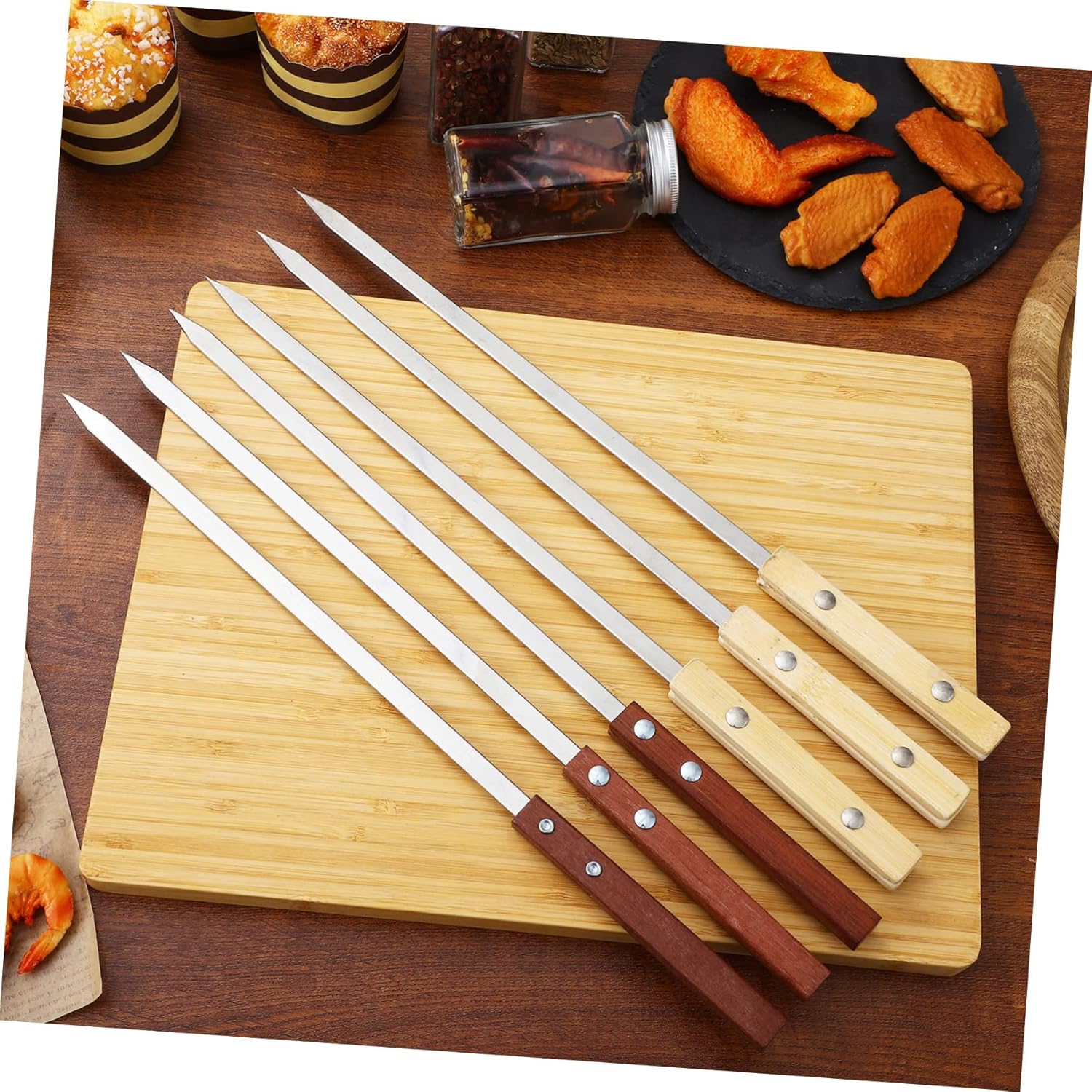 POPETPOP 12-piece Bbq Skewers with Wood Handles Stainless Steel Kebab Skewers for Grilling Non-slip Design Perfect for Outdoor Cooking