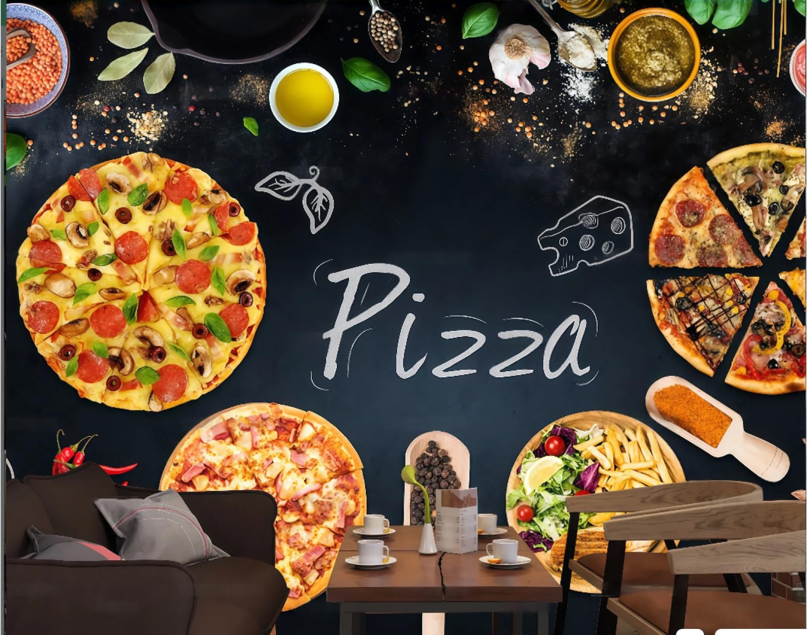 XDOUBAO Wallpaper Blackboard Hand-Painted Personalized Pizza Shop Fast Food Afternoon Tea Western Restaurant Background Wall Wallpaper Coffee Shop Mural,3D,150x105cm