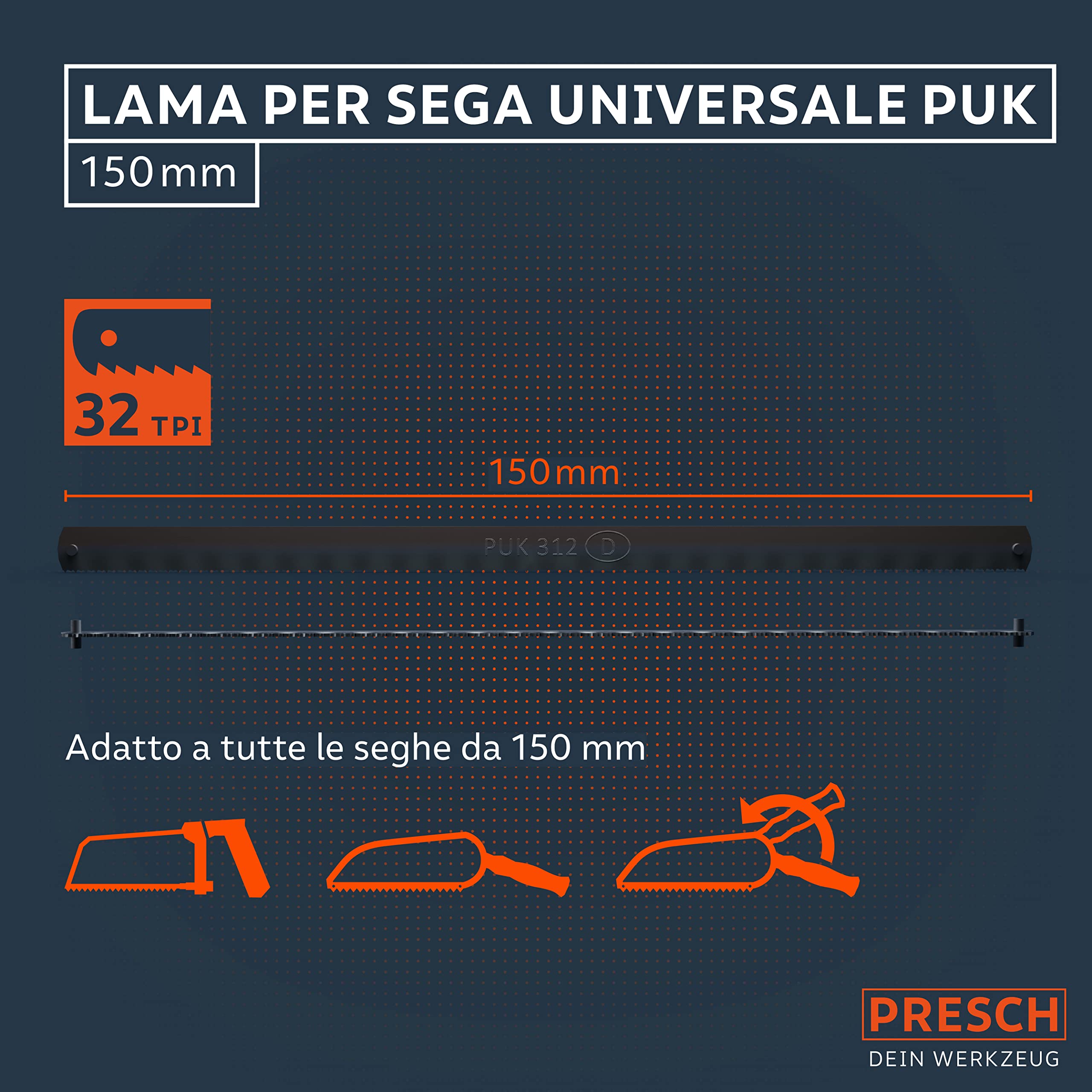 Presch Lama di sega in metallo PUK 150mm 10pz - Lame di sega a mano originali PUK 150mm - Per metalli non ferrosi (rame), acciaio inossidabile, plexiglas, plastica