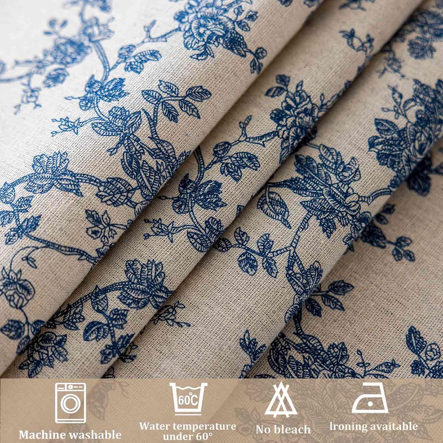 Rectangle Tablecloth 55 x 120 Inch - Vintage Beige Linen Look Table Cloth - Machine Washable Farmhouse Pastoral Water Resistant Table Cover, Picnic, Indoor Kitchen Outdoor & Dining, Blue Floral Flower