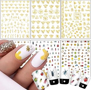 Cute Honeybee Nail Art Stickers, 3D Little Animal Self-Adhesive Sticker Cartoon Bee Nail Art Decals Holographic Gold Bee Nail Decal Design for Women Girls Manicure Decoration DIY Nail Sticker Supplies