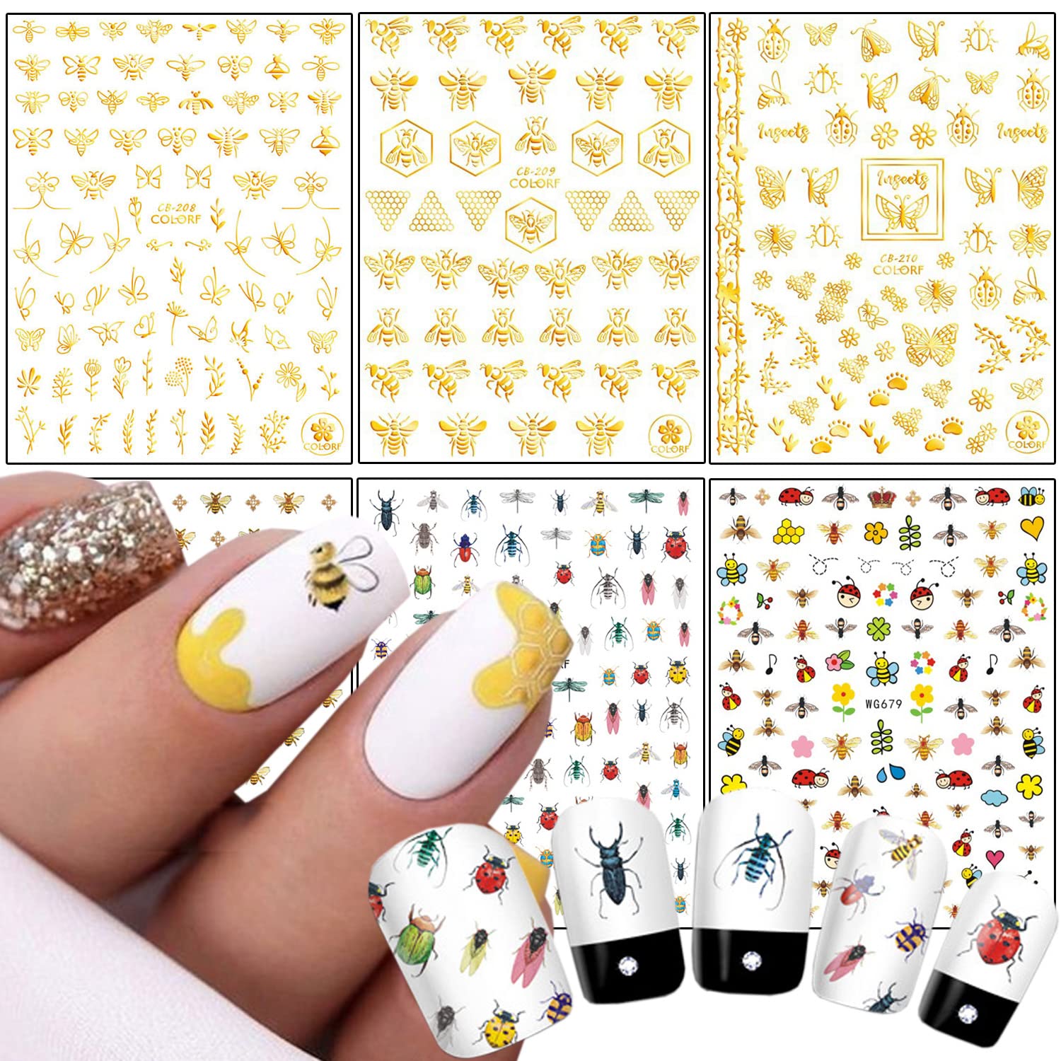 Cute Honeybee Nail Art Stickers, 3D Little Animal Self-Adhesive Sticker Cartoon Bee Nail Art Decals Holographic Gold Bee Nail Decal Design for Women Girls Manicure Decoration DIY Nail Sticker Supplies