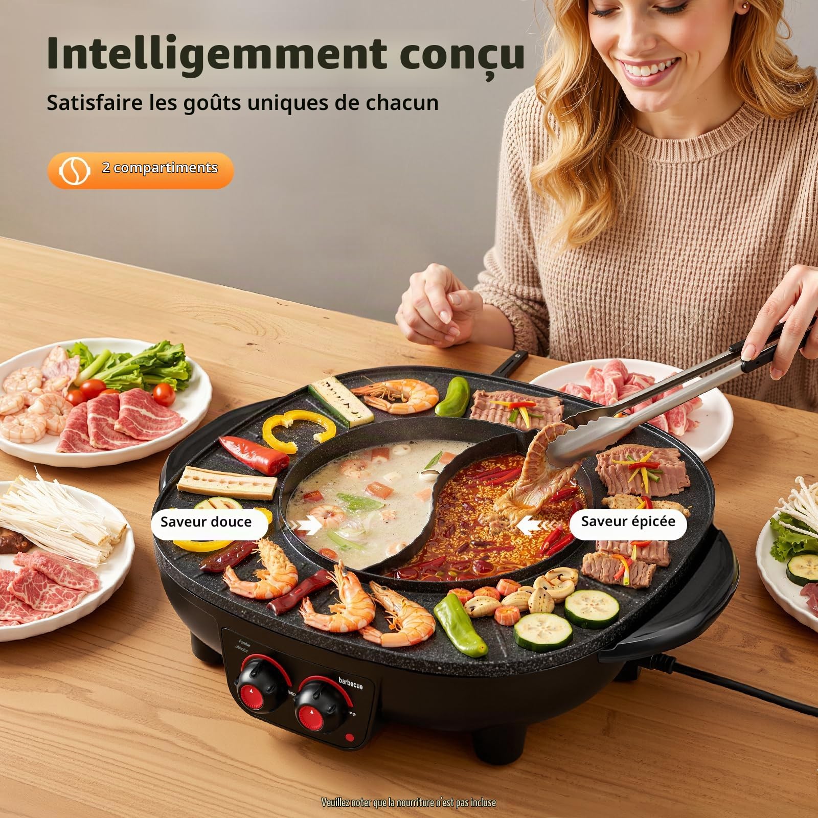Appareil à fondue chinoise avec grill 2 en 1, Appareil À Fondue Électrique avec Grill 4000W, Hot Pot Chinois 2 en 1 Barbecue Coréen de Table, Marmite Multifonction 5-6 Personnes 26cm
