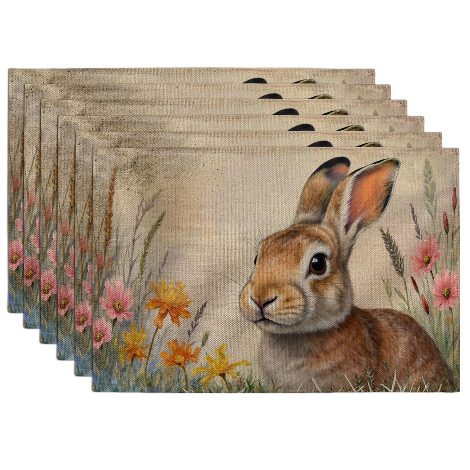Rabbit in Floral Field Placemats, Brown Vintage Botanical Place Mats for Dining Table, Spring Seasonal Non-Slip Washable Indoor Outdoor Kitchen Party Decorative Placemat Set of 6