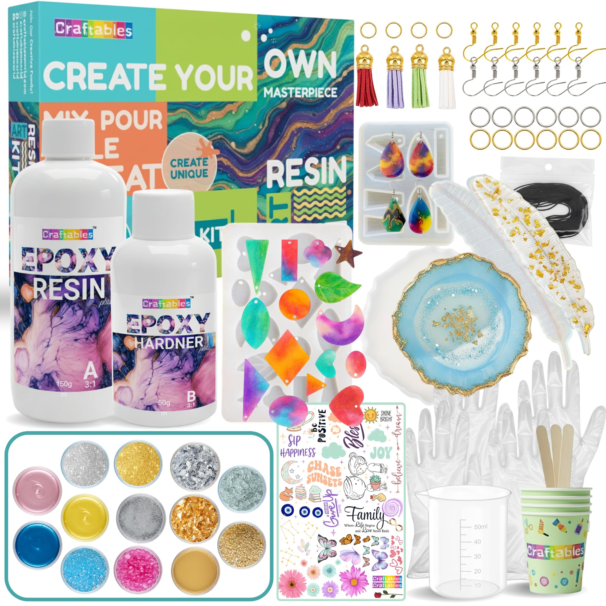 Craftables Ultimate Resin Art Kit with Molds | Create Geode Coasters, Jewelry & Bookmarks | Clear Resin, Pigments & Full DIY Supplies for Beginners | Complete Art Material-image-19