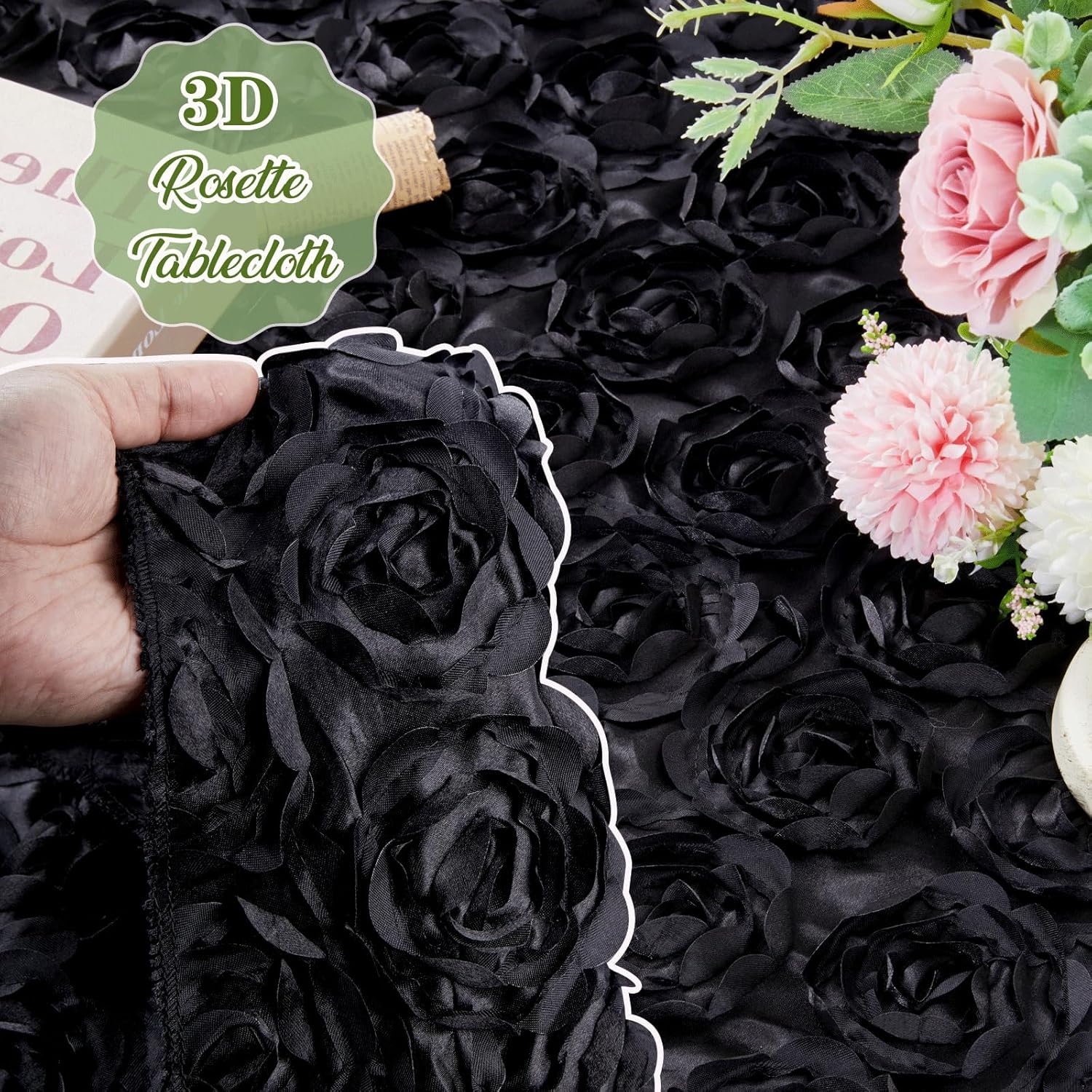 QueenDream Black Rosette Wedding Tablecloth Round - Long Floral Table Cover 120 Inch Party Stain Tablecloth for Birthday Event Banquet