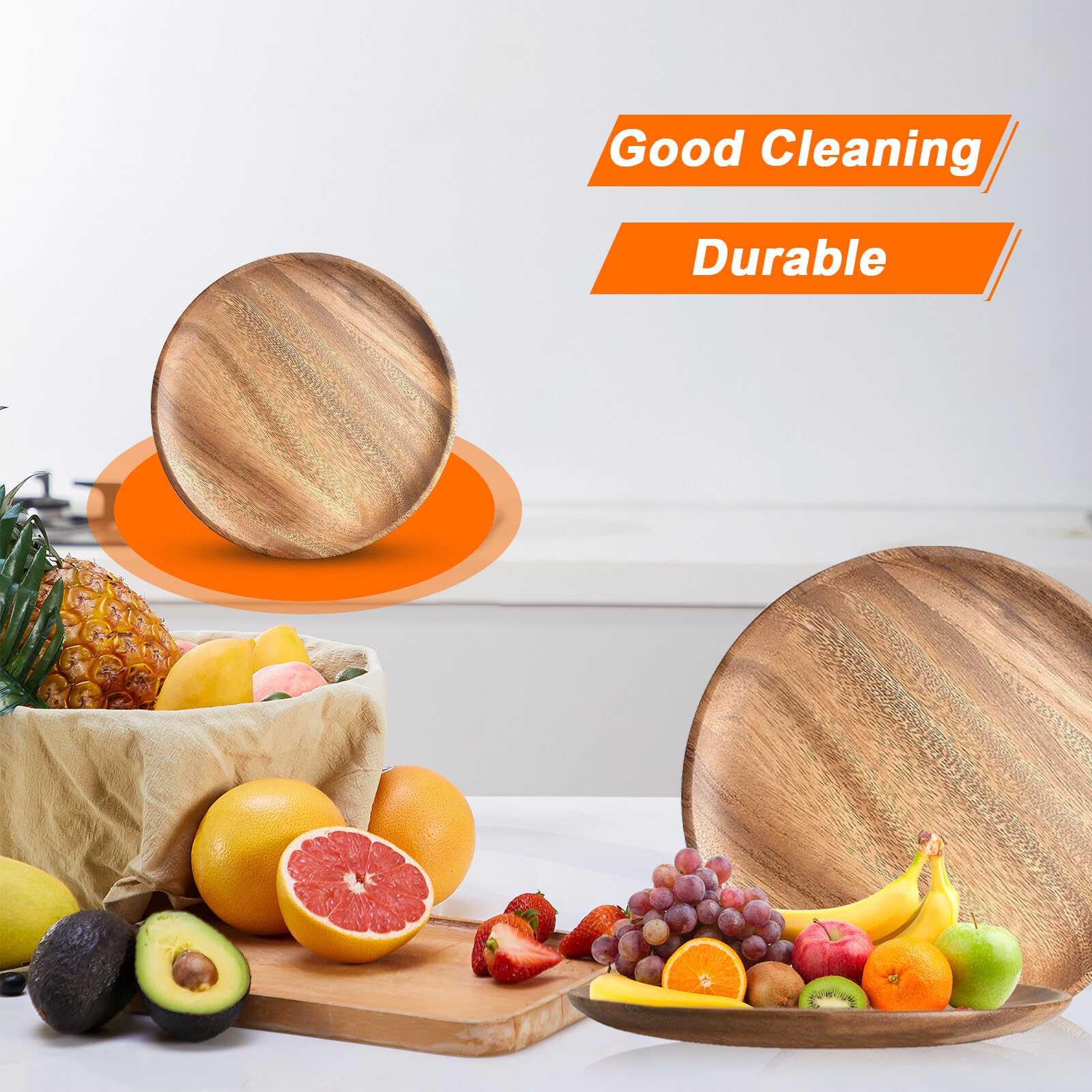 Lot de 2 Assiettes Rondes en Bois d'Acacia de 20 cm - Assiettes de Service Mini - Pour Présentation