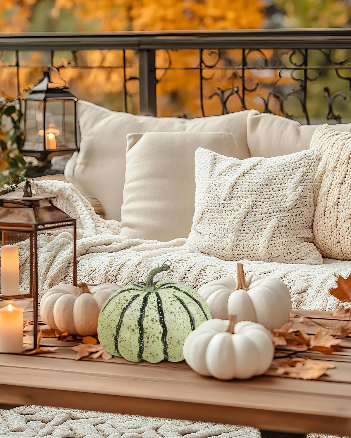 DuHouse Zucca artificiale verde autunnale, 12,7 x 15 cm, zucca finta raccolta con stelo rustico e finitura maculata per decorazione autunnale da tavola, centrotavola del Ringraziamento