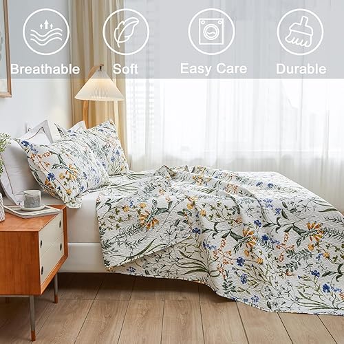 Miniatura 5 de Juego de edredones florales colchas ligeras de primavera-verano tamaño completoQueen 3 piezas rústicas campestres flores botánicas coberturas