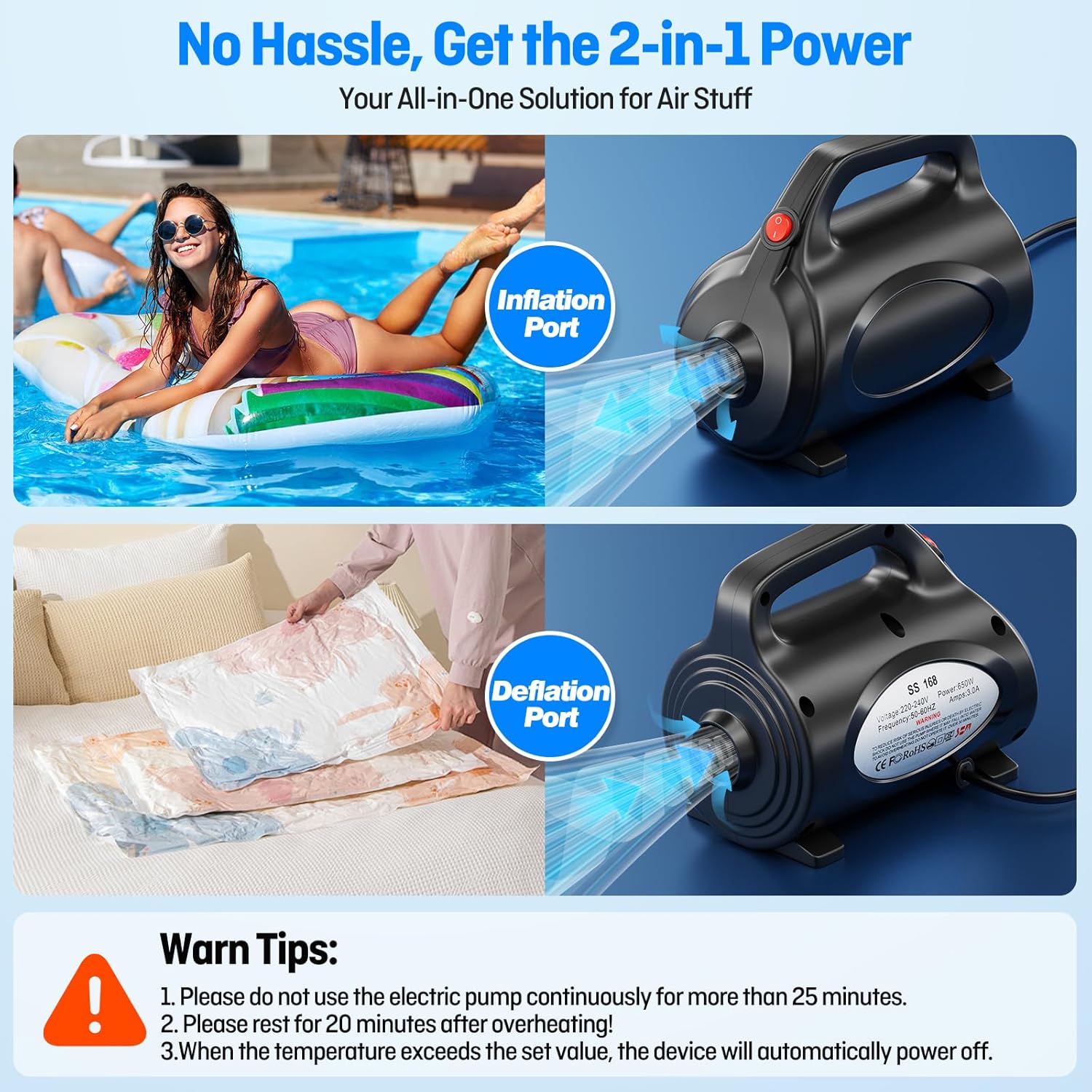 650W Electric Air Pump for Inflatables Air Mattress - Powerful Quick Fill Inflator/Deflator Pump for Gymnastics Mat Pool Float Raft, Portable Air Pump with Storage Bag AC 110-120V