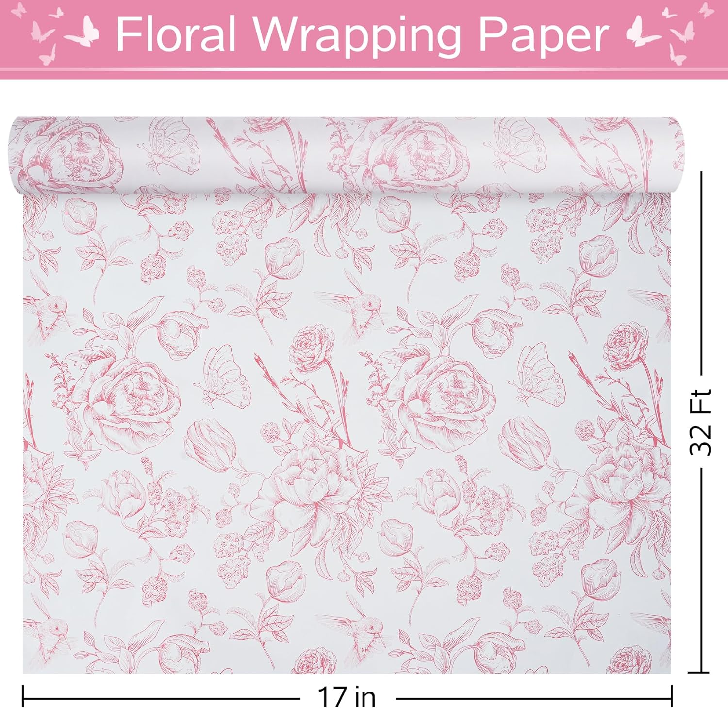 Pink Floral Wrapping Paper Roll 17 in x 32 ft Mini Roll Vintage Toile Flower Gift Wrap Paper for Girls Women Mother All Occasion Wedding Birthday Bridal Shower Party Baby Shower Valentine's Day - Image 2