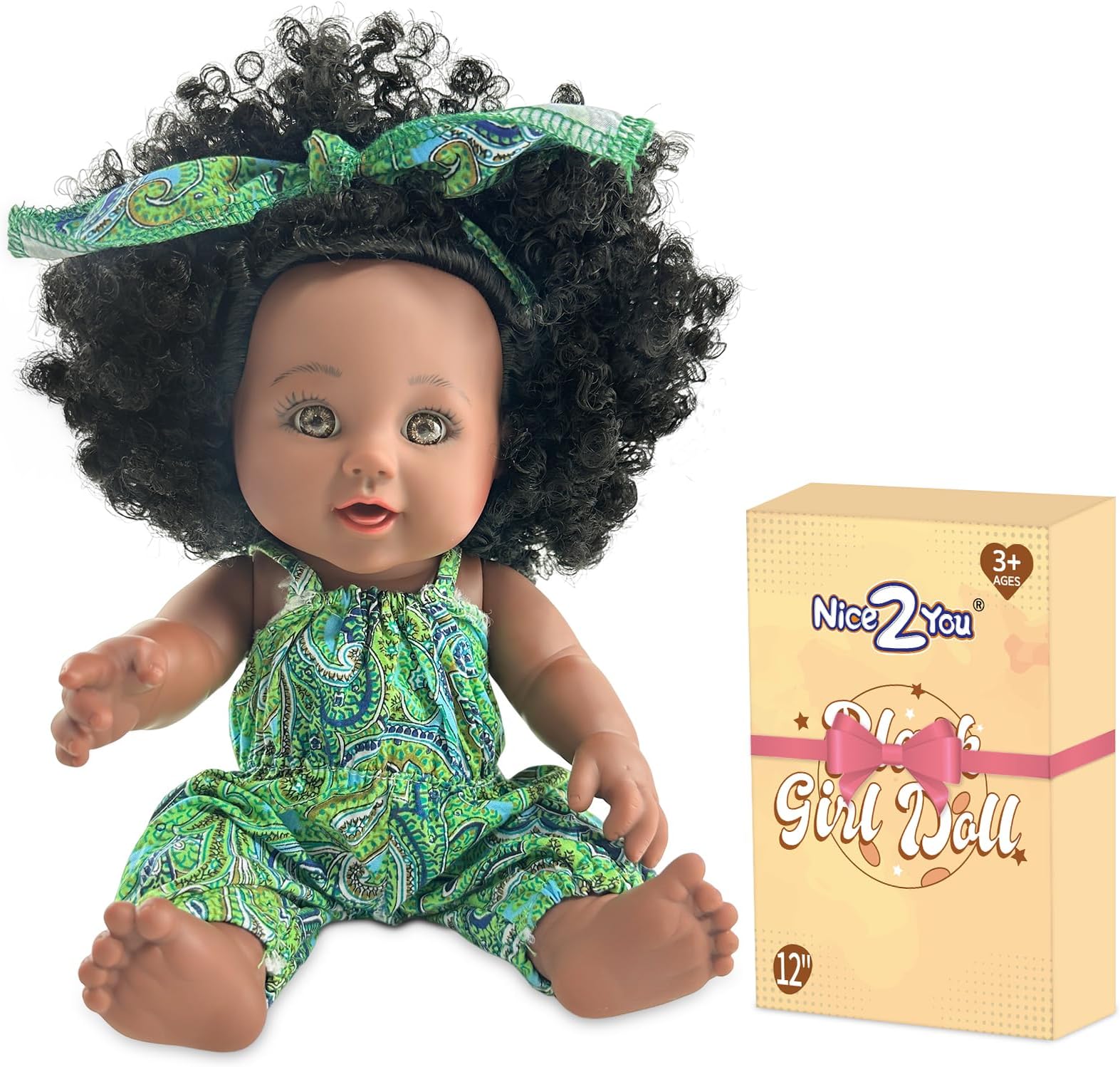 Nice2you 12 inch Black Baby Dolls - Reborn Baby Dolls Black, African American Baby Doll for Girls 1-3, Toddler Baby Doll for Toddler 1 2 3 4 5, Curly Hair & Fashion Outfit, Christmas, Birthday Gift