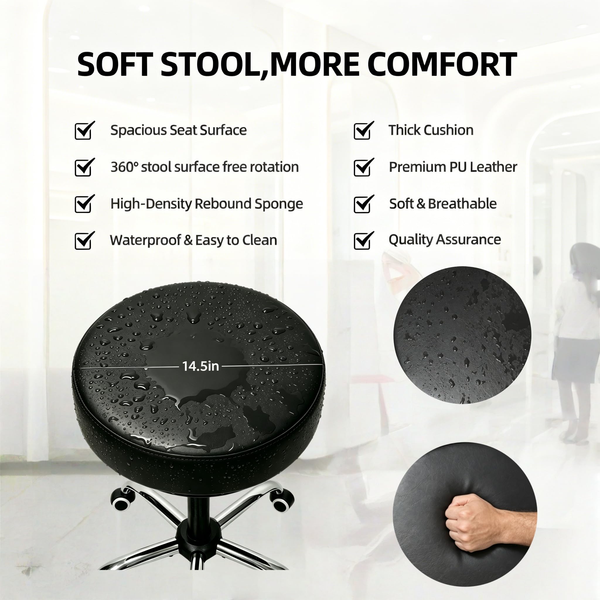 Heavy Duty Rolling Stool with Wheels, Hydraulic Swivel Salon Chair