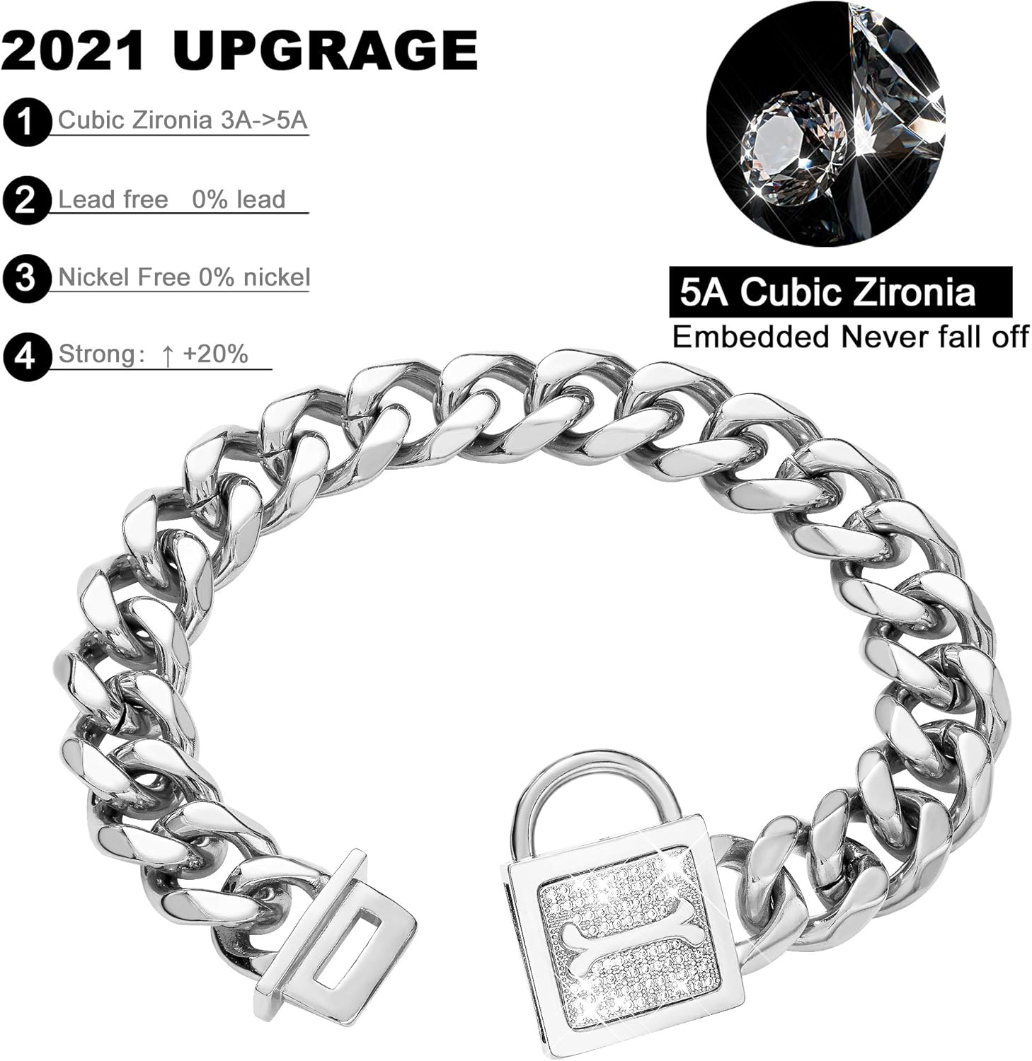 Dog Chain Collar with Cubic Zirconia Locking High Polished Stainless Steel Cuban Link Strong Heavy Duty Chew Proof Walking Chain Leash Collar for Medium Dogs(19mm, 22")