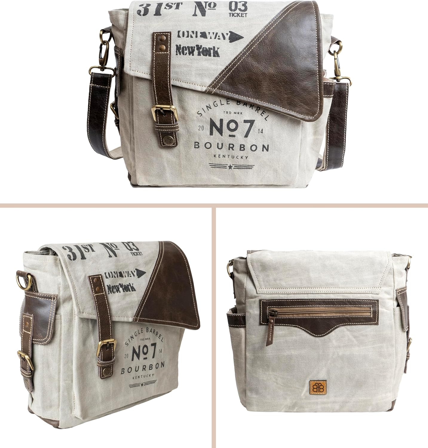 No7 Bourbon Crossbody Bag for Men & Women | Upcycled Vintage Canvas & Leather | Multi Pockets Bag | Hobo Bag