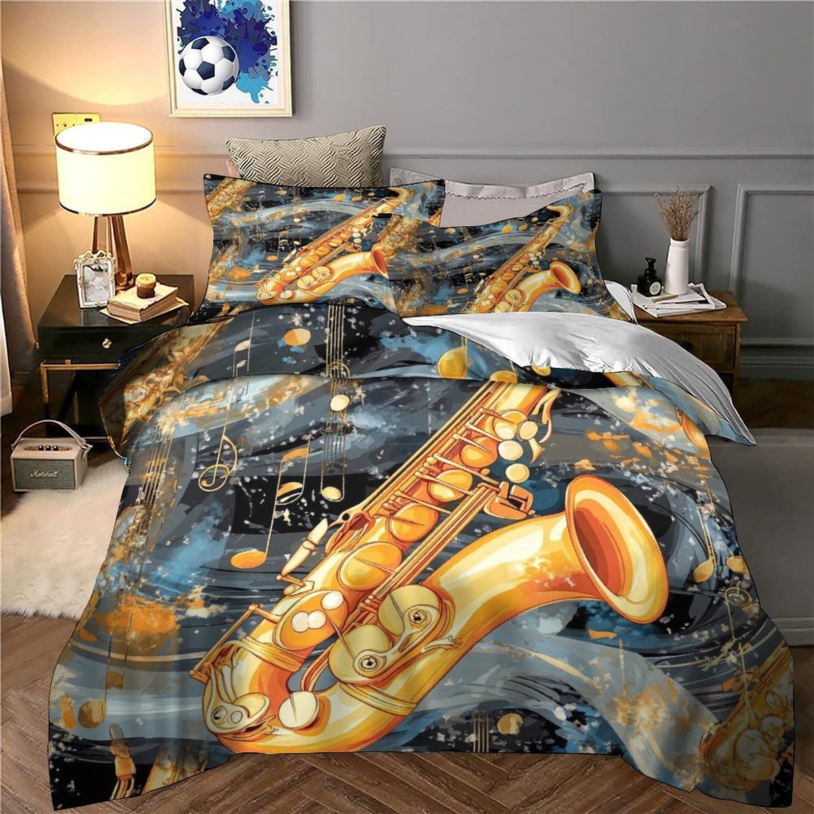 Arte del sassofono Impressione 3D 3 pz fodera per edredone Stile di illustrazione della musica jazz coperteletto microfibra ipoallergenica zip per bambini adolescenti adulti Super king（260x220cm）
