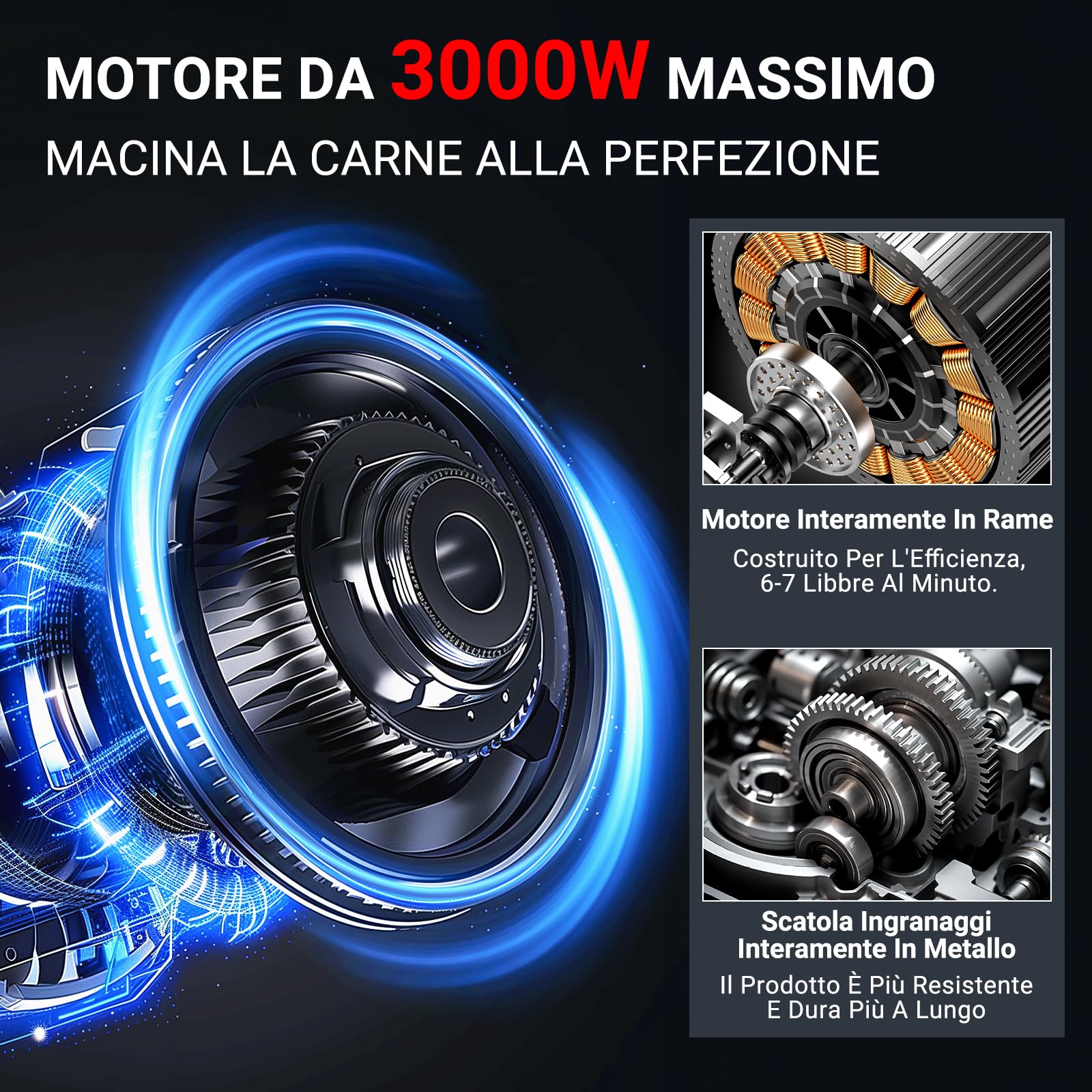 AAOBOSI #12 Tritacarne, [3000W Max], tritacarne elettrico a 3 velocità per uso intensivo: 2 lame, 4 piastre, 3 riempitori per salsicce, kit per Kibbe, pinza per carne, pressa per hamburger, Argento